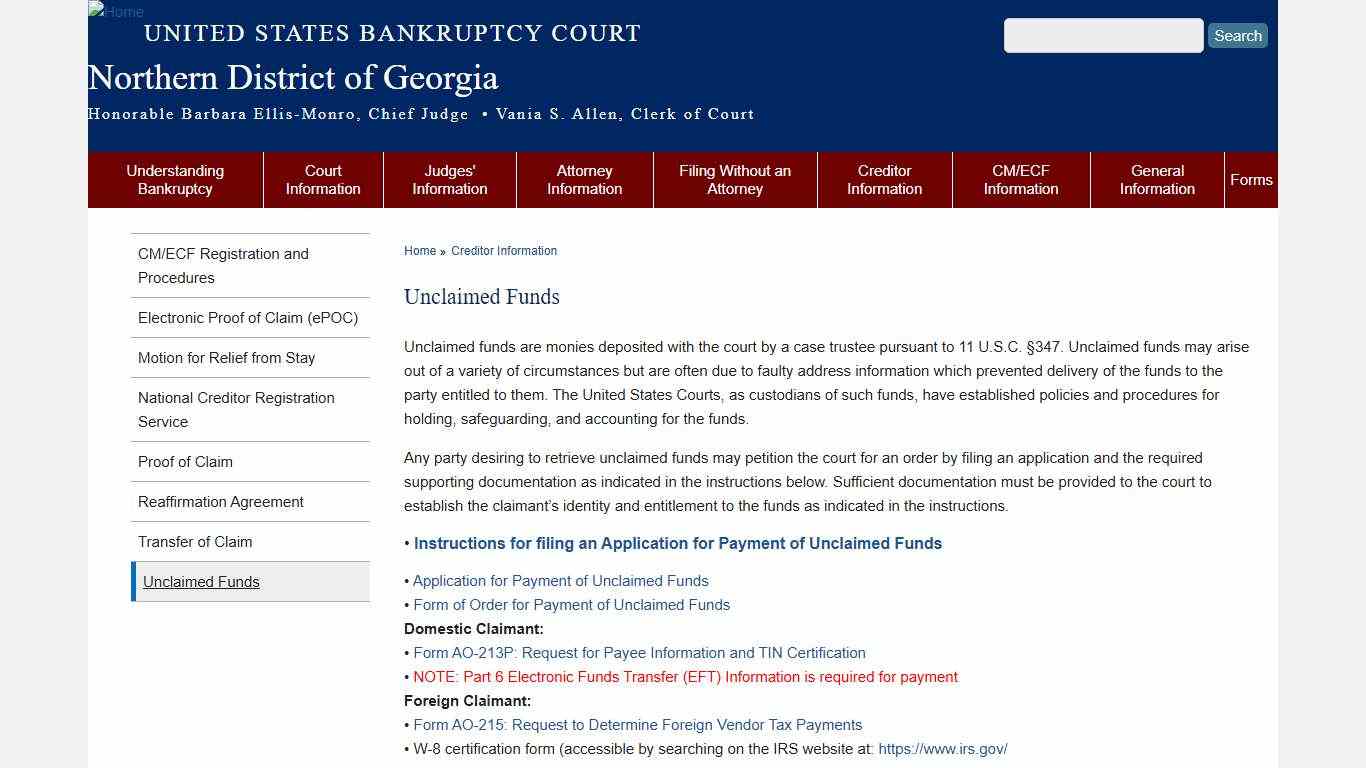Unclaimed Funds | Northern District of Georgia | United States Bankruptcy Court